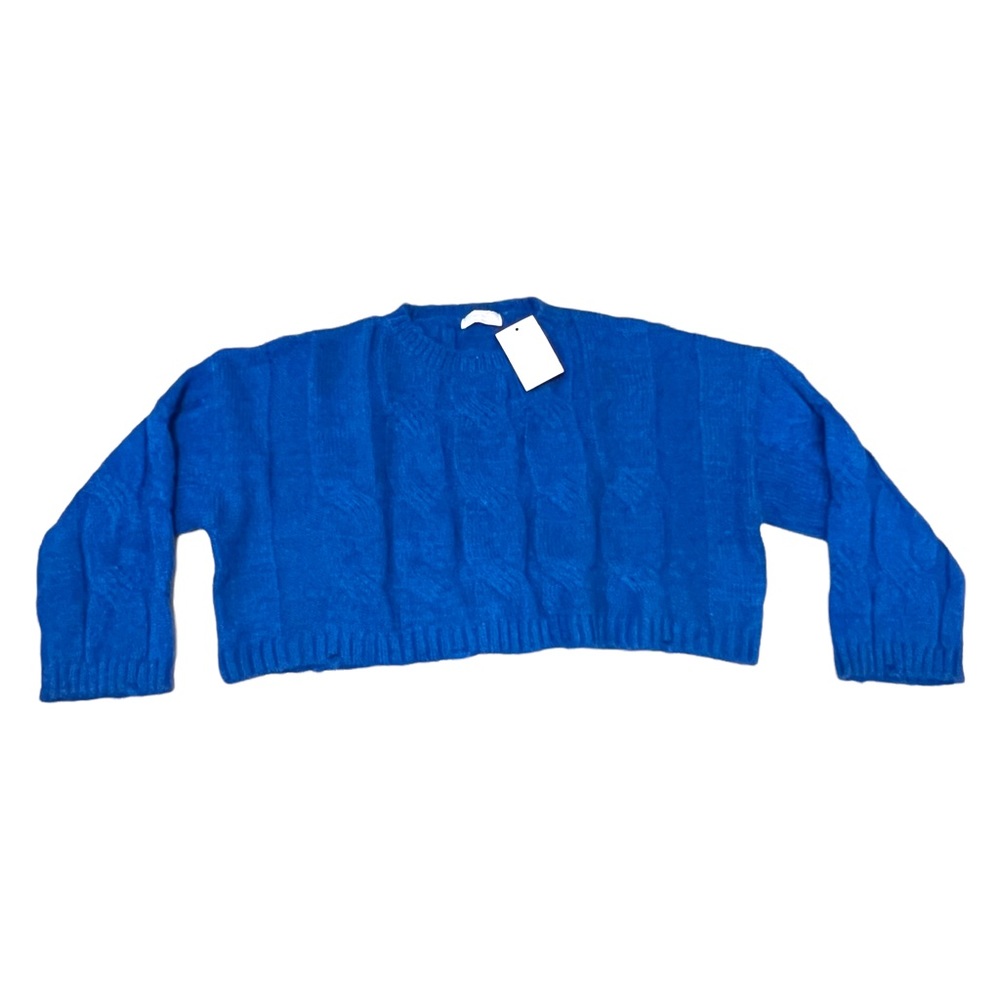 Oak + Fort boxy cropped cobalt blue cable knit sweater